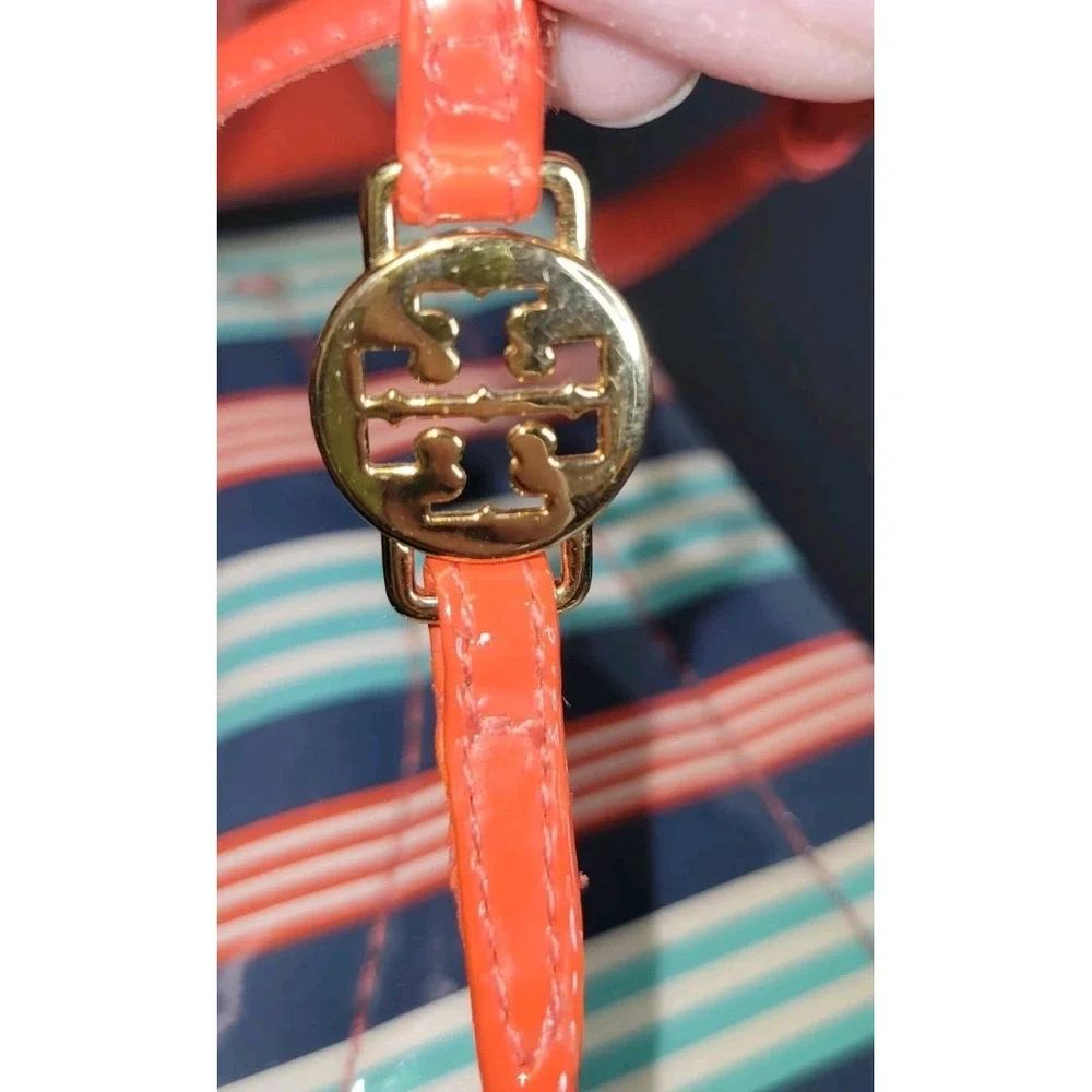 TORY BURCH‎ Sandals Emmy Habanero Stripe Ankle T Strap Buckle Logo Sz 7